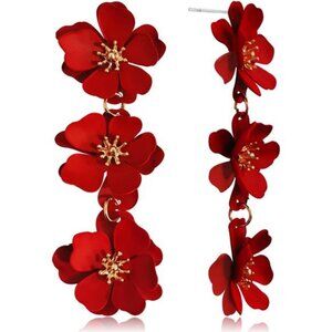 Boho Triple Flower Drop Earrings Long Matte Floral Dangle • Chic Statement Gift